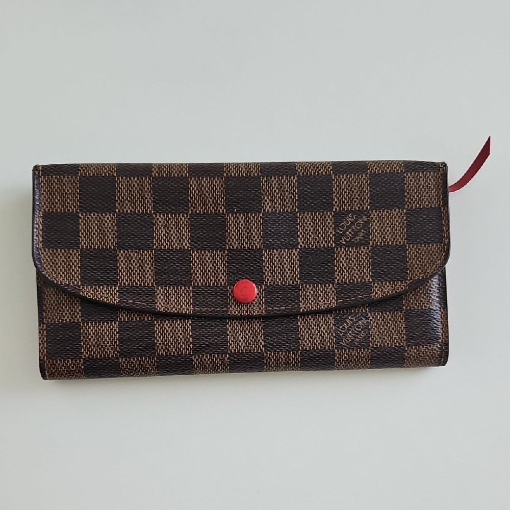 Louis Vuitton Brown Checkered Clutch with Red Accent